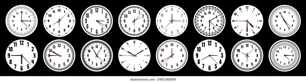 Mechanical clock faces with hands, bezel. Watch dial with minute, hour marks and numbers, arabic numerals. Timer or stopwatch element. Measuring circle scale with divisions. Vector illustration