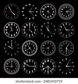 Mechanical clock faces with hands, bezel. Watch dial with minute, hour marks and numbers, arabic numerals. Timer or stopwatch element. Measuring circle scale with divisions. Vector illustration