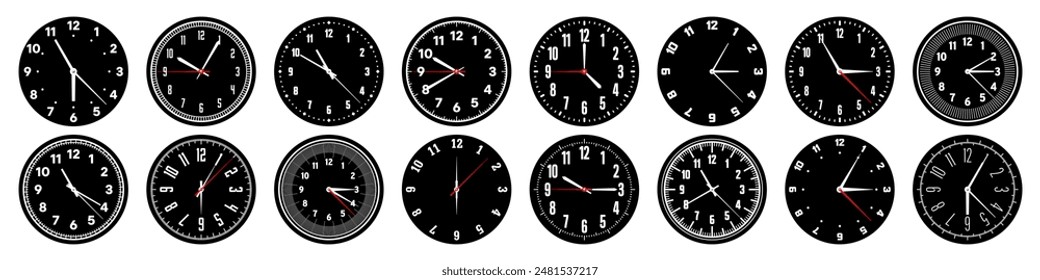 Mechanical clock faces with hands, bezel. Watch dial with minute, hour marks and numbers, arabic numerals. Timer or stopwatch element. Measuring circle scale with divisions. Vector illustration