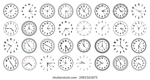 Mechanische Zifferblätter mit Zeigern, Lünette. Zifferblatt mit Minuten-, Stunden- und Ziffern, arabischen Ziffern. Timer- oder Stoppuhr-Element. Messkreisskala mit Teilungen. Vektorillustration