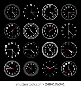 Mechanical clock faces with hands, bezel. Watch dial with minute, hour marks and numbers, arabic numerals. Timer or stopwatch element. Measuring circle scale with divisions. Vector illustration