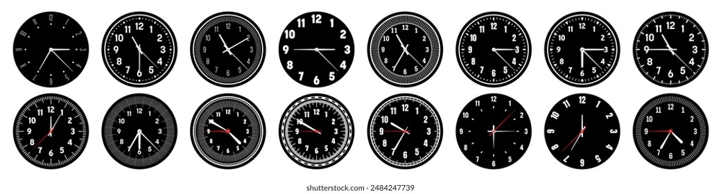 Mechanical clock faces with hands, bezel. Watch dial with minute, hour marks and numbers, arabic numerals. Timer or stopwatch element. Measuring circle scale with divisions. Vector illustration