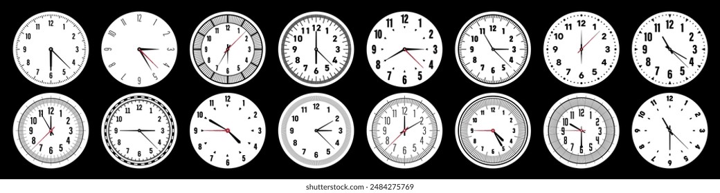 Mechanical clock faces with hands, bezel. Watch dial with minute, hour marks and numbers, arabic numerals. Timer or stopwatch element. Measuring circle scale with divisions. Vector illustration