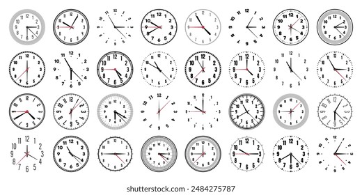 Mechanical clock faces with hands, bezel. Watch dial with minute, hour marks and numbers, arabic numerals. Timer or stopwatch element. Measuring circle scale with divisions. Vector illustration