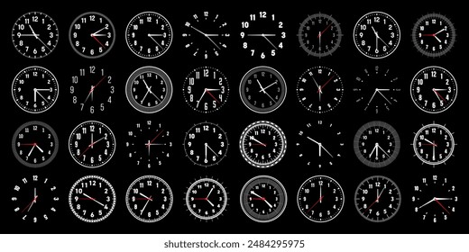 Mechanical clock faces with hands, bezel. Watch dial with minute, hour marks and numbers, arabic numerals. Timer or stopwatch element. Measuring circle scale with divisions. Vector illustration