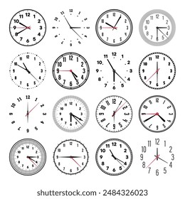 Mechanical clock faces with hands, bezel. Watch dial with minute, hour marks and numbers, arabic numerals. Timer or stopwatch element. Measuring circle scale with divisions. Vector illustration