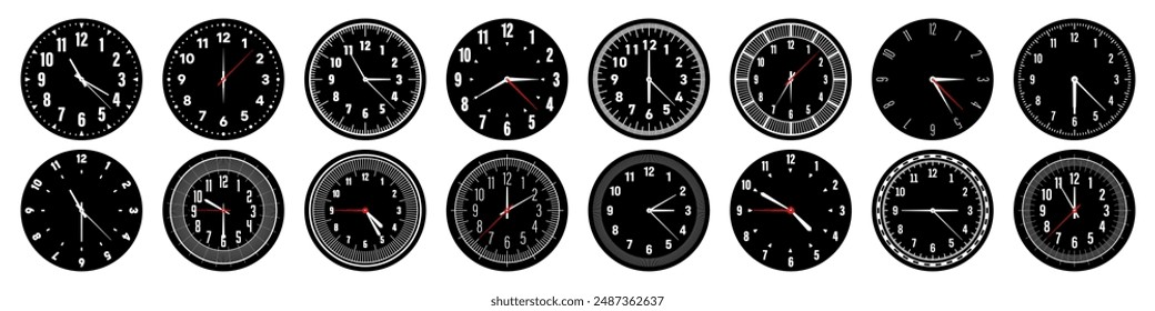 Esferas mecánicas de reloj con las manos, bisel. Reloj dial con minutos, marcas de hora y números, números arábigos. Temporizador o elemento de cronómetro. Escala circular de medición con divisiones. Ilustración vectorial