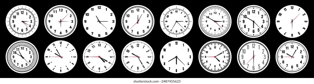 Mechanical clock faces with hands, bezel. Watch dial with minute, hour marks and numbers, arabic numerals. Timer or stopwatch element. Measuring circle scale with divisions. Vector illustration