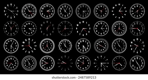 Mechanical clock faces with hands, bezel. Watch dial with minute, hour marks and numbers, arabic numerals. Timer or stopwatch element. Measuring circle scale with divisions. Vector illustration