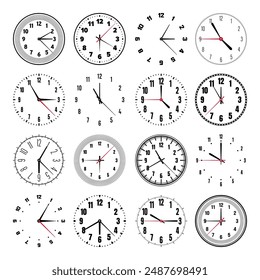 Esferas mecánicas de reloj con las manos, bisel. Reloj dial con minutos, marcas de hora y números, números arábigos. Temporizador o elemento de cronómetro. Escala circular de medición con divisiones. Ilustración vectorial