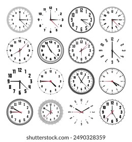 Mechanical clock faces with hands, bezel. Watch dial with minute, hour marks and numbers, arabic numerals. Timer or stopwatch element. Measuring circle scale with divisions. Vector illustration