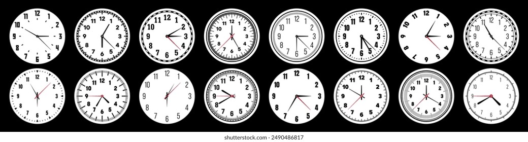 Mechanical clock faces with hands, bezel. Watch dial with minute, hour marks and numbers, arabic numerals. Timer or stopwatch element. Measuring circle scale with divisions. Vector illustration