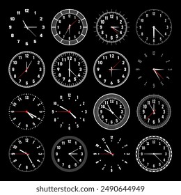 Mechanical clock faces with hands, bezel. Watch dial with minute, hour marks and numbers, arabic numerals. Timer or stopwatch element. Measuring circle scale with divisions. Vector illustration