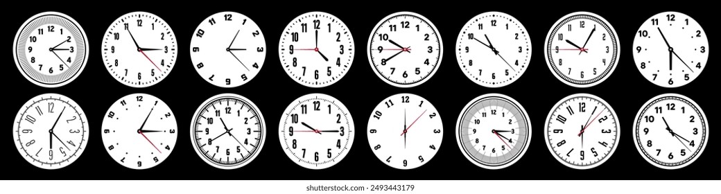 Mechanical clock faces with hands, bezel. Watch dial with minute, hour marks and numbers, arabic numerals. Timer or stopwatch element. Measuring circle scale with divisions. Vector illustration