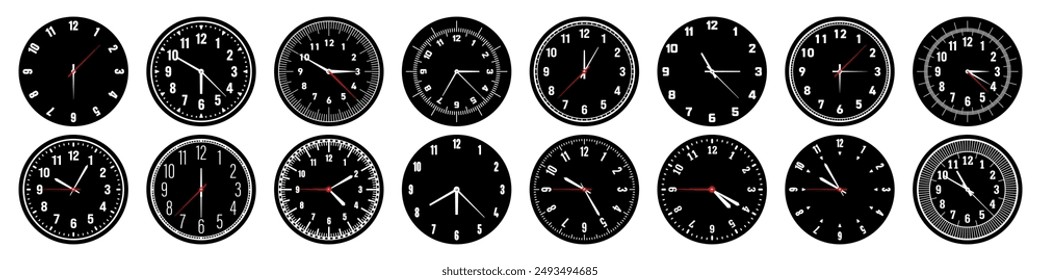 Mechanical clock faces with hands, bezel. Watch dial with minute, hour marks and numbers, arabic numerals. Timer or stopwatch element. Measuring circle scale with divisions. Vector illustration