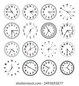 Mechanical clock faces with hands, bezel. Watch dial with minute, hour marks and numbers, arabic numerals. Timer or stopwatch element. Measuring circle scale with divisions. Vector illustration