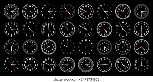 Mechanical clock faces with hands, bezel. Watch dial with minute, hour marks and numbers, arabic numerals. Timer or stopwatch element. Measuring circle scale with divisions. Vector illustration