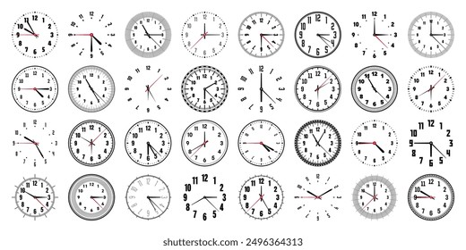 Mechanical clock faces with hands, bezel. Watch dial with minute, hour marks and numbers, arabic numerals. Timer or stopwatch element. Measuring circle scale with divisions. Vector illustration