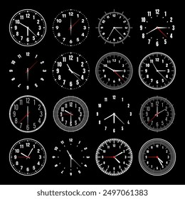 Mechanical clock faces with hands, bezel. Watch dial with minute, hour marks and numbers, arabic numerals. Timer or stopwatch element. Measuring circle scale with divisions. Vector illustration