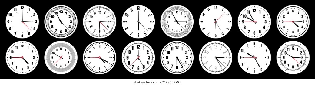 Mechanical clock faces with hands, bezel. Watch dial with minute, hour marks and numbers, arabic numerals. Timer or stopwatch element. Measuring circle scale with divisions. Vector illustration