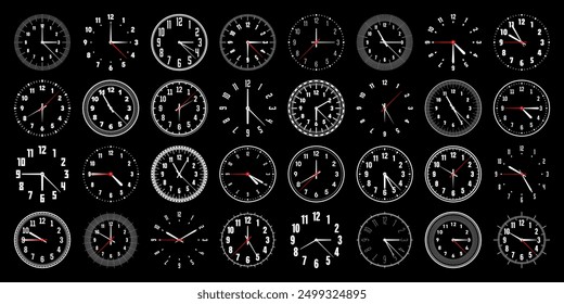 Mechanical clock faces with hands, bezel. Watch dial with minute, hour marks and numbers, arabic numerals. Timer or stopwatch element. Measuring circle scale with divisions. Vector illustration