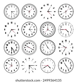 Mechanical clock faces with hands, bezel. Watch dial with minute, hour marks and numbers, arabic numerals. Timer or stopwatch element. Measuring circle scale with divisions. Vector illustration