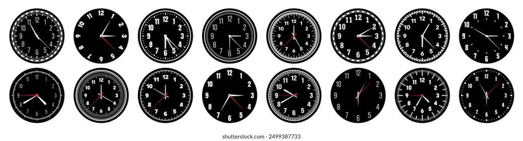 Mechanical clock faces with hands, bezel. Watch dial with minute, hour marks and numbers, arabic numerals. Timer or stopwatch element. Measuring circle scale with divisions. Vector illustration