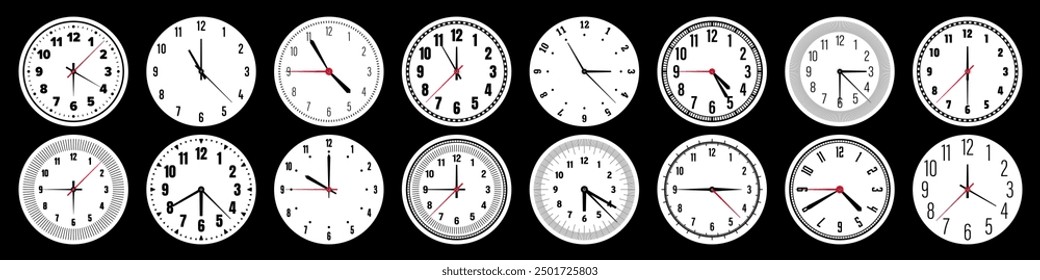 Mechanical clock faces with hands, bezel. Watch dial with minute, hour marks and numbers, arabic numerals. Timer or stopwatch element. Measuring circle scale with divisions. Vector illustration