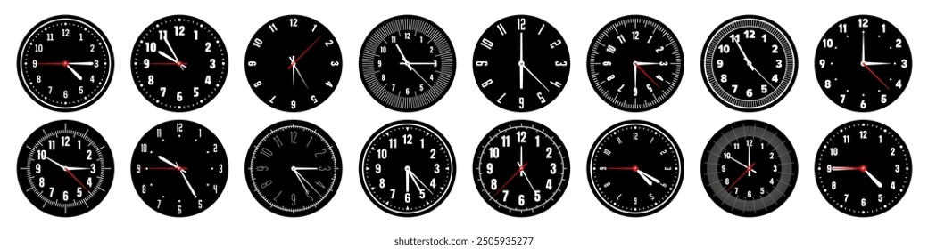 Mechanical clock faces with hands, bezel. Watch dial with minute, hour marks and numbers, arabic numerals. Timer or stopwatch element. Measuring circle scale with divisions. Vector illustration