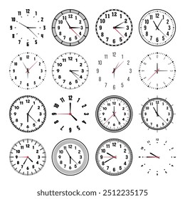 Mechanische Uhr mit Händen, Lünette. Uhrzifferblatt mit Minuten, Stundenmarken und Ziffern, arabischen Ziffern. Zeitgeber oder Stoppuhr. Messkreisskala mit Teilungen. Vektorgrafik