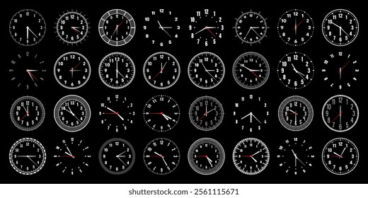 Mechanical clock faces with hands, bezel. Watch dial with minute, hour marks and numbers, arabic numerals. Timer or stopwatch element. Measuring circle scale with divisions. Vector illustration