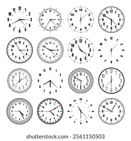 Mechanical clock faces with hands, bezel. Watch dial with minute, hour marks and numbers, arabic numerals. Timer or stopwatch element. Measuring circle scale with divisions. Vector illustration