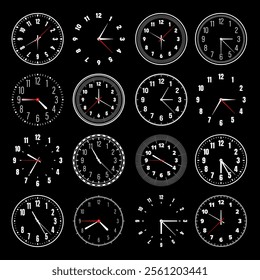 Mechanical clock faces with hands, bezel. Watch dial with minute, hour marks and numbers, arabic numerals. Timer or stopwatch element. Measuring circle scale with divisions. Vector illustration