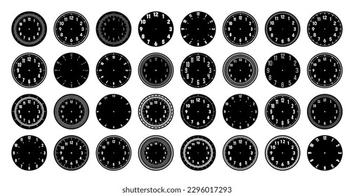 Mechanical clock faces, watch dial with numerals, bezel. Timer or stopwatch element with minute, hour marks and numbers. Blank measuring circle scale with divisions. Vector illustration