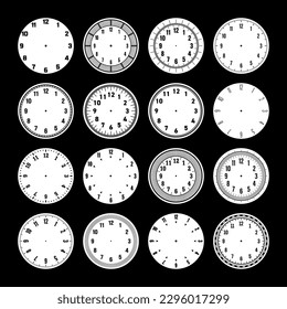 Mechanical clock faces, watch dial with numerals, bezel. Timer or stopwatch element with minute, hour marks and numbers. Blank measuring circle scale with divisions. Vector illustration