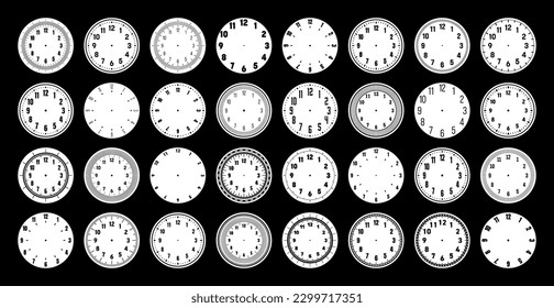 Caras mecánicas de reloj, reloj marcado con números, bisel. Elemento Timer o stopwatch con marcas de minuto, hora y números. Escala de círculo de medida en blanco con divisiones. Ilustración del vector