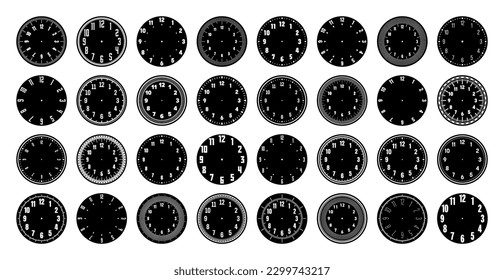 Mechanical clock faces, watch dial with numerals, bezel. Timer or stopwatch element with minute, hour marks and numbers. Blank measuring circle scale with divisions. Vector illustration