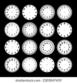 Mechanical clock faces, watch dial with numerals, bezel. Timer or stopwatch element with minute, hour marks and numbers. Blank measuring circle scale with divisions. Vector illustration