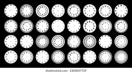 Mechanical clock faces, watch dial with numerals, bezel. Timer or stopwatch element with minute, hour marks and numbers. Blank measuring circle scale with divisions. Vector illustration