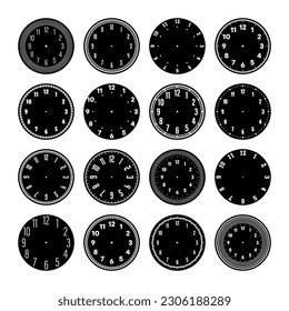 Mechanical clock faces, watch dial with numerals, bezel. Timer or stopwatch element with minute, hour marks and numbers. Blank measuring circle scale with divisions. Vector illustration