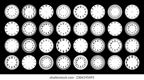 Mechanische Uhr Gesichter, Uhren-Zifferblatt mit Zahlen, Verkleidung. Zeiger- oder Stoppuhr-Element mit Minutenmarkierungen, Stundenmarkierungen und Zahlen. Leerskala mit Trennflächen. Vektorgrafik