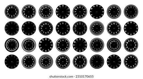 Mechanical clock faces, watch dial with numerals, bezel. Timer or stopwatch element with minute, hour marks and numbers. Blank measuring circle scale with divisions. Vector illustration