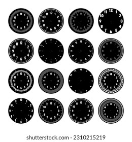 Mechanical clock faces, watch dial with numerals, bezel. Timer or stopwatch element with minute, hour marks and numbers. Blank measuring circle scale with divisions. Vector illustration