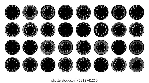 Caras mecánicas de reloj, reloj marcado con números, bisel. Elemento Timer o stopwatch con marcas de minuto, hora y números. Escala de círculo de medida en blanco con divisiones. Ilustración del vector