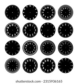 Mechanical clock faces, watch dial with numerals, bezel. Timer or stopwatch element with minute, hour marks and numbers. Blank measuring circle scale with divisions. Vector illustration