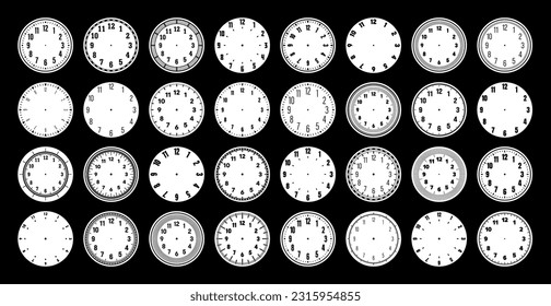 Mechanical clock faces, watch dial with numerals, bezel. Timer or stopwatch element with minute, hour marks and numbers. Blank measuring circle scale with divisions. Vector illustration