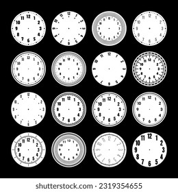 Mechanical clock faces, watch dial with numerals, bezel. Timer or stopwatch element with minute, hour marks and numbers. Blank measuring circle scale with divisions. Vector illustration