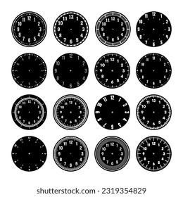 Mechanical clock faces, watch dial with numerals, bezel. Timer or stopwatch element with minute, hour marks and numbers. Blank measuring circle scale with divisions. Vector illustration