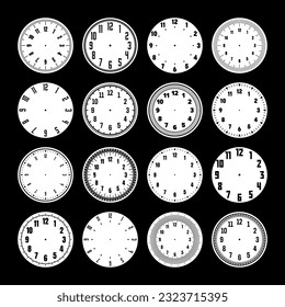 Mechanical clock faces, watch dial with numerals, bezel. Timer or stopwatch element with minute, hour marks and numbers. Blank measuring circle scale with divisions. Vector illustration