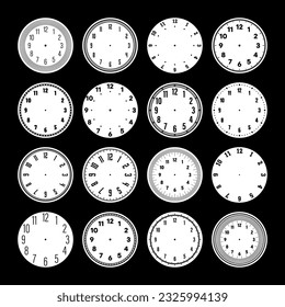 Mechanical clock faces, watch dial with numerals, bezel. Timer or stopwatch element with minute, hour marks and numbers. Blank measuring circle scale with divisions. Vector illustration